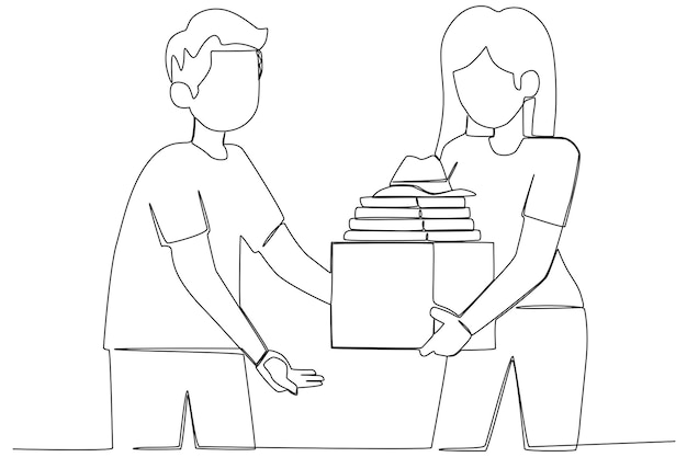 A woman giving a charity to a volunteer one line art