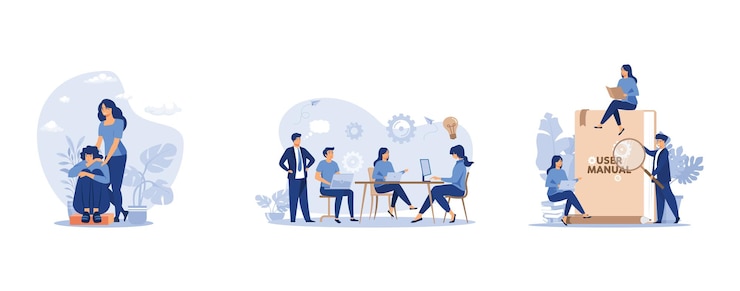 Vector woman giving comfort and support to friend keeping palms on her shoulder employees planning task set