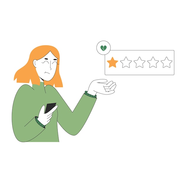 Donna che dà un feedback negativo al cattivo servizio. soddisfazione del cliente con una stella. concetto di revisione