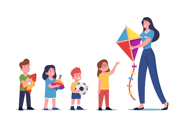 Woman giving toys to orphans stand in line, donation of goods for poor children. female volunteer character caring altruistic help to kids, charity and philanthropy. cartoon people vector illustration