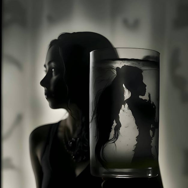 女性とガラスの暗い構図と背景