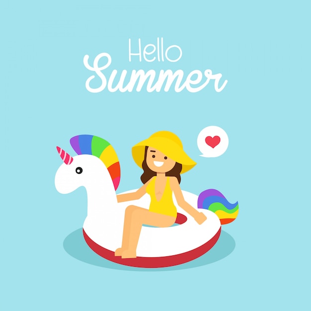 Woman go to travel in summer holiday, Girl wearing swimsuit swimming on the inflatable unicorn