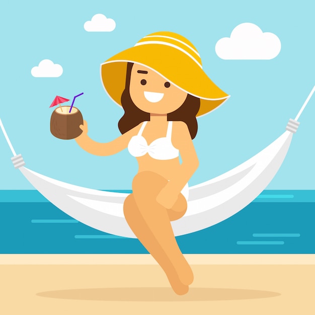 Vector woman go to travel in summer holiday, sexy young girl relaxing in hammock, hawaiian luau party cocktail