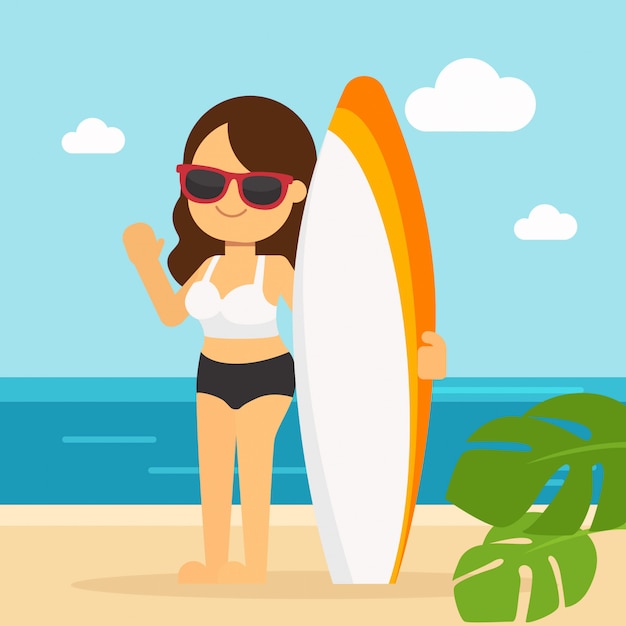La donna va viaggiare durante le vacanze estive, giovane donna su una spiaggia con una tavola da surf