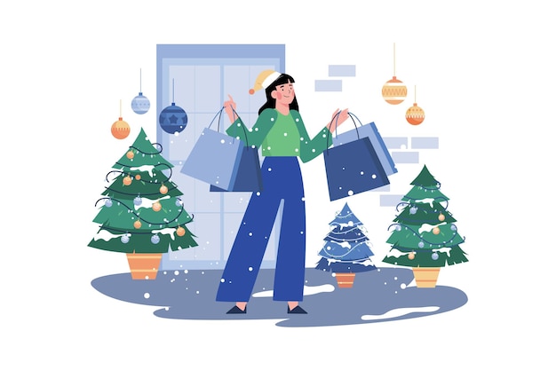 Vector woman goes shopping for christmas holiday