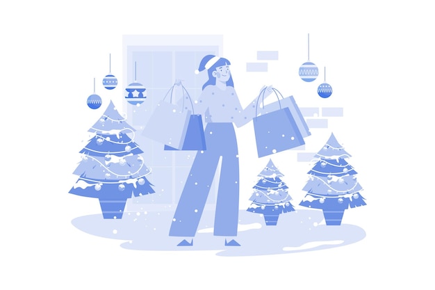 Vector woman goes shopping for christmas holiday