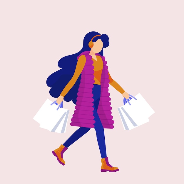 Vector a woman goes shopping shopping bags