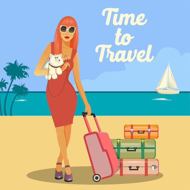 Woman goes to vacation. woman with baggage. girl with a dog.\
tropical vacation. travel banner.