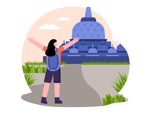 Vector woman going backpacker to borobudur temple illustration