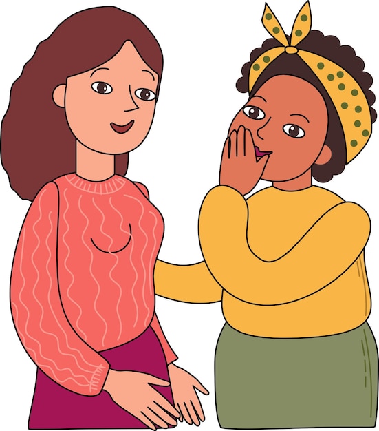 Woman gossipping telling whispering secrets Girlfriends talking behind back Surprised shocked person listening to rumors from girl friends Flat vector illustration isolated on white background