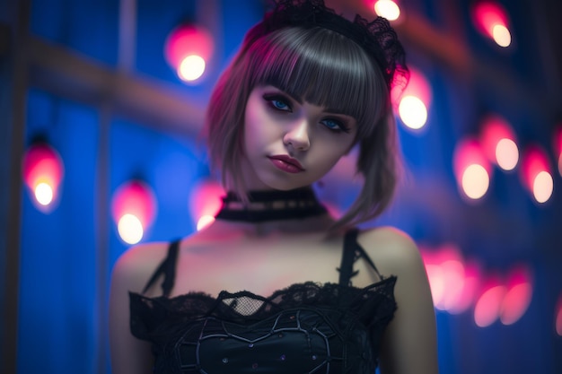 a woman in a gothic outfit posing in front of lights