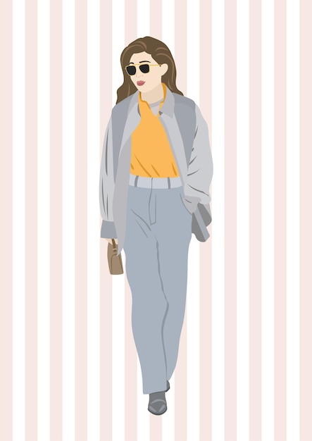 Vector a woman in a gray jacket and sunglasses is walking on a striped background.