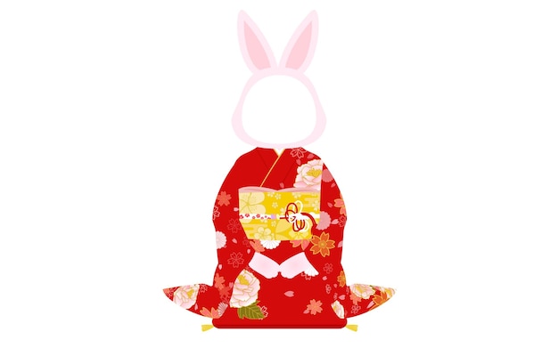Woman greeting the New Year year of the Rabbit 2023 Rabbit in kimono kimono with furisode sleeves