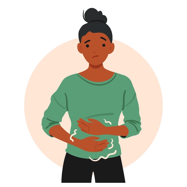不快感で胃を握りしめしかめっ面をする女性アフリカ系アメリカ人の女性キャラクターは、消化不良や腹痛などの胃炎の症状を経験している漫画人ベクトルイラスト