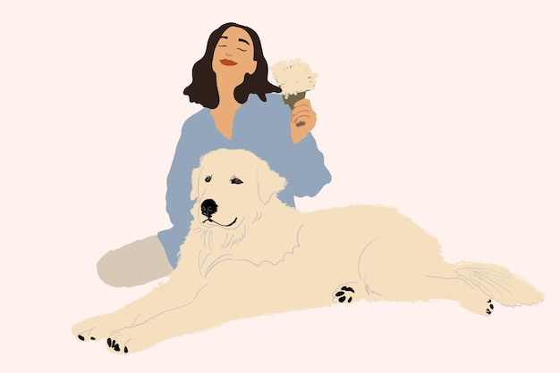 Vector woman grooming her big white dog at home with hairbrush animal care vector illustration