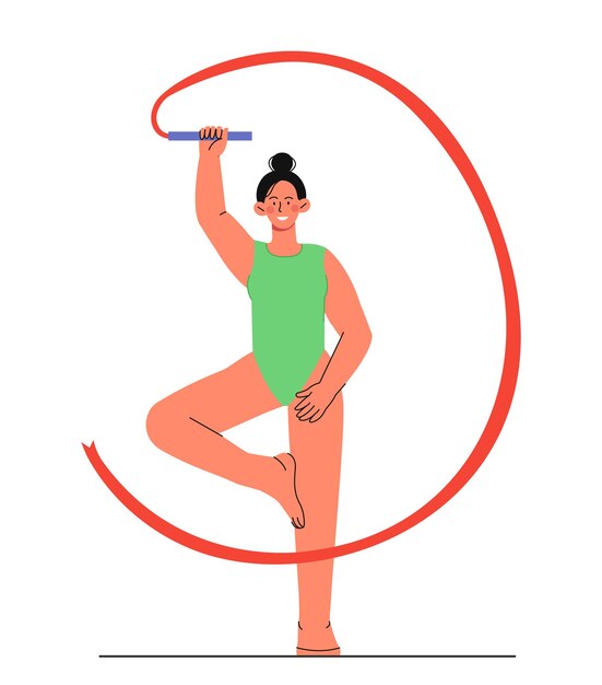 Vector woman gymnast with red ribbon strong athlete and sportswoman young guy with sport equipment elegance