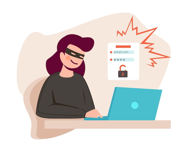 Женщина-хакер Молодая девушка киберпреступность взламывает учетную запись социальных сетей или векторной концепции онлайн-банка
