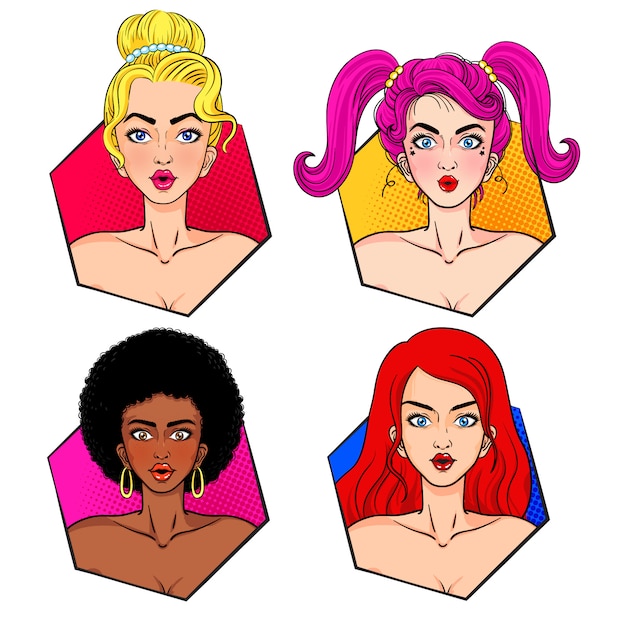 Woman hair and face pop art collection