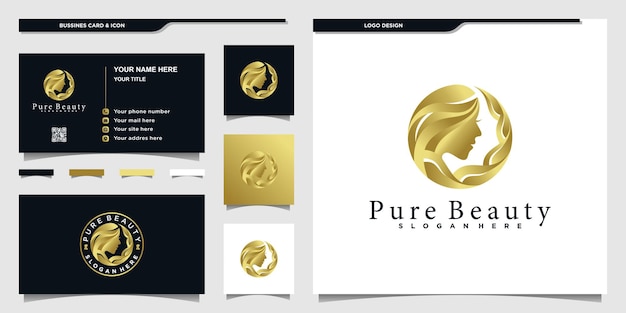 Woman hair salon logo with unique circle form, gold gradient colors and businnes card  