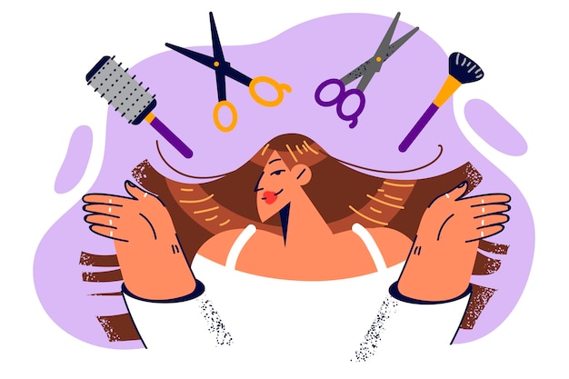 Vector woman hairdresser with tools to work on beautiful hairstyle and create new look thanks to haircuts