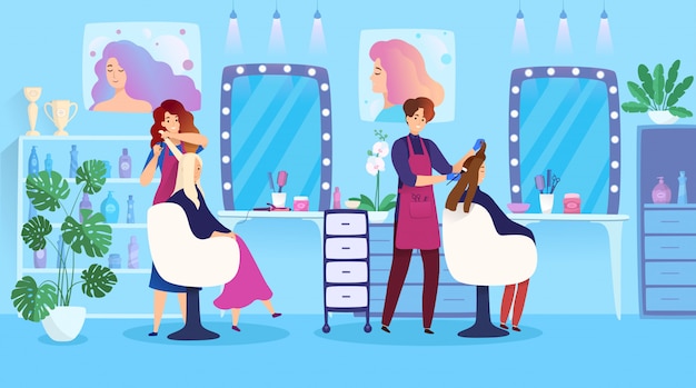 Acconciatura della donna nel salone di bellezza, personaggi dei cartoni animati della gente di tintura per capelli, illustrazione
