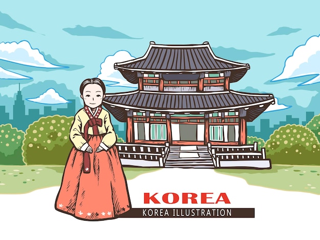 Vettore donna in hanbok che scatta una foto davanti a gyeongbokgung