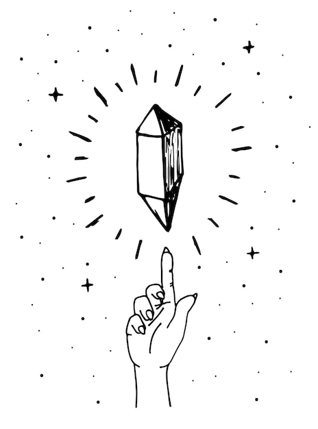 Woman hand finger points to soaring magic sparkling crystal for healing. Gem stone mineral alternative medicine and treatment symbol sketch. Linear drawing vector illustration