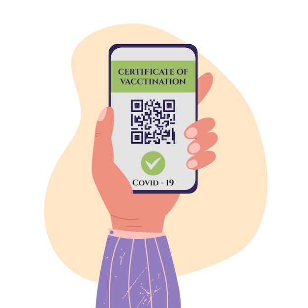 백신 QR 코드가 있는 여자 손 잡고 smatrphone 예방 접종 벡터 평면 ilustration의 인증서