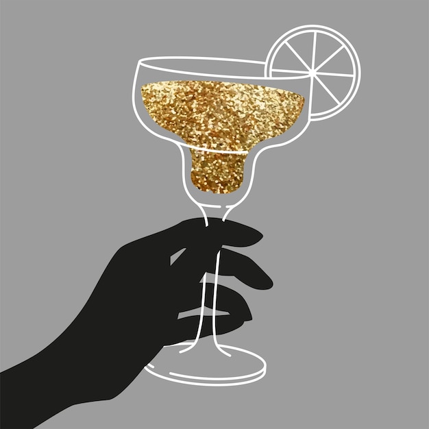 Woman hand holding cocktail glass with citrus Flat illustration for greeting cards postcards