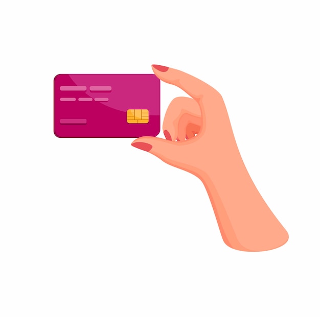 여자 손 잡고 신용 또는 직불 카드. 흰색 배경에 만화 그림에서 금융 사업 상징