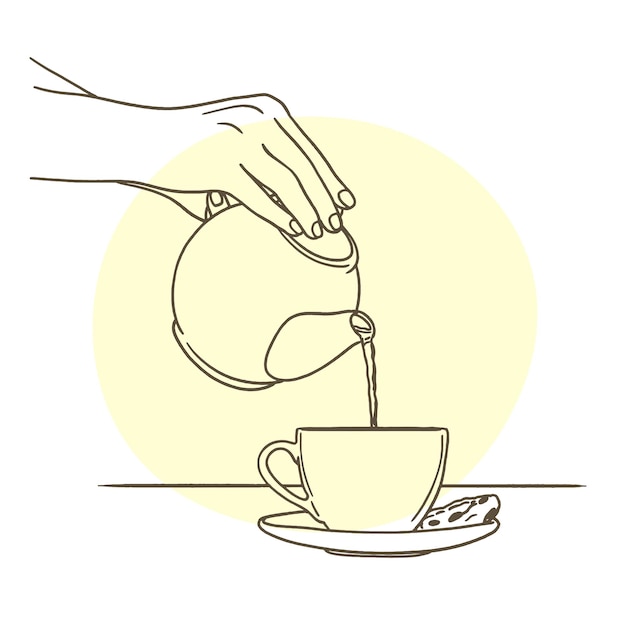 woman hand holding cup with coffee tea and other hand pouring milk hot drink for breakfast