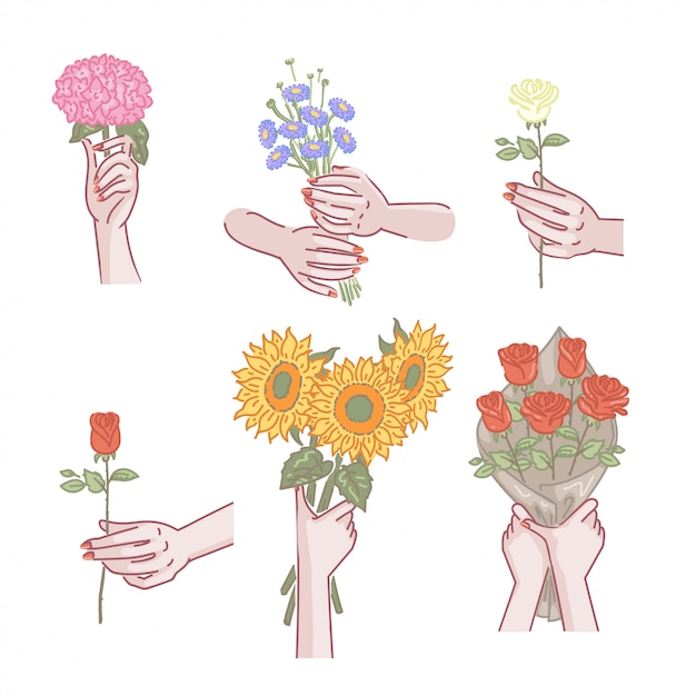 Vector woman hand holding flowers set