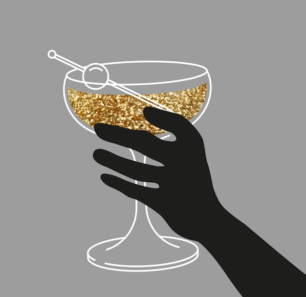 Vector woman hand holding glass of martini with olives flat illustration for greeting cards postcards