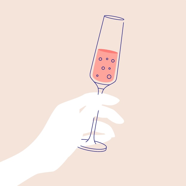 Женщина держит бокал игристого вина в плоской иллюстрации для приглашений на поздравительные открытки