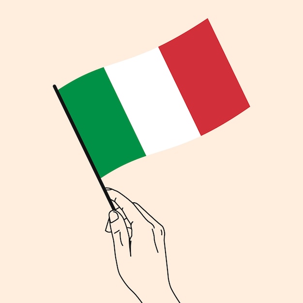 Vettore mano della donna che tiene la bandiera dell'italia in mano con l'illustrazione del vettore della bandiera dell'italia in stile line art