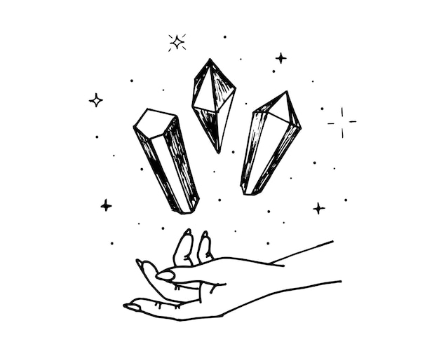 Woman hand holding magic soaring crystals for healing. Gem stone minerals alternative medicine and treatment logo sketch. Linear drawing vector isolated illustration