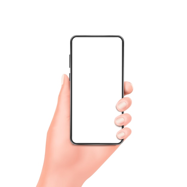 Woman hand holding smartphone on a white background And free space on the smartphonevetor 3d isolated white backgroun for advertising design