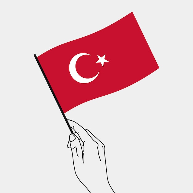Mano della donna che tiene la bandiera della turchia in mano con l'illustrazione vettoriale della bandiera della turchia in stile line art