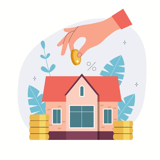 Woman hand investing a coin into new house Vector flat style illustration