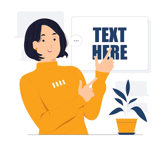 Woman hand pointing finger at left up corner with happy expression and advices use this copy space wisely concept illustration