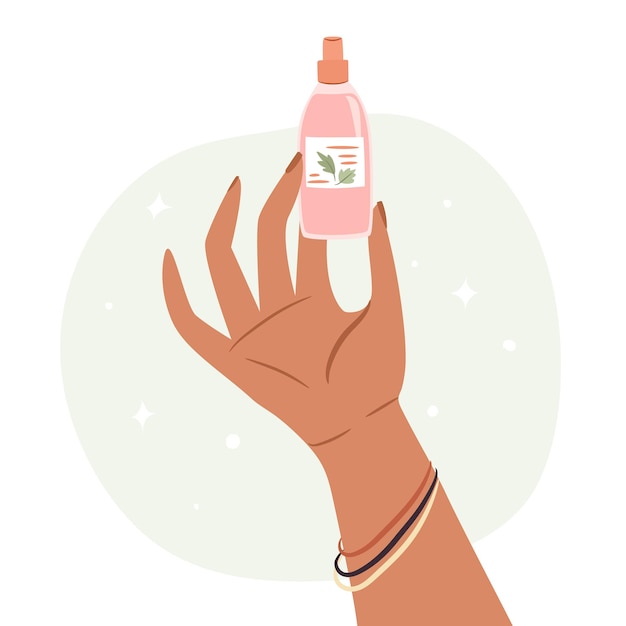 Vector woman hand showing a skincare product concept. closeup of african girl hand holding cosmetic product.