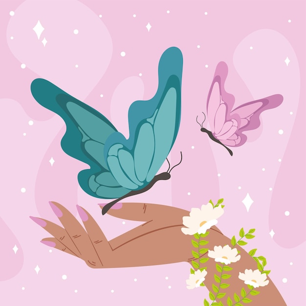 Woman hand with butterfly and flowers Vector illustration
