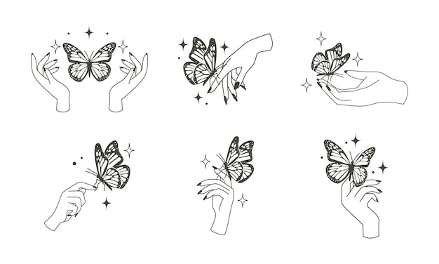 나비와 여자 손입니다. 마법의 밀교 오컬트 스타일 일러스트