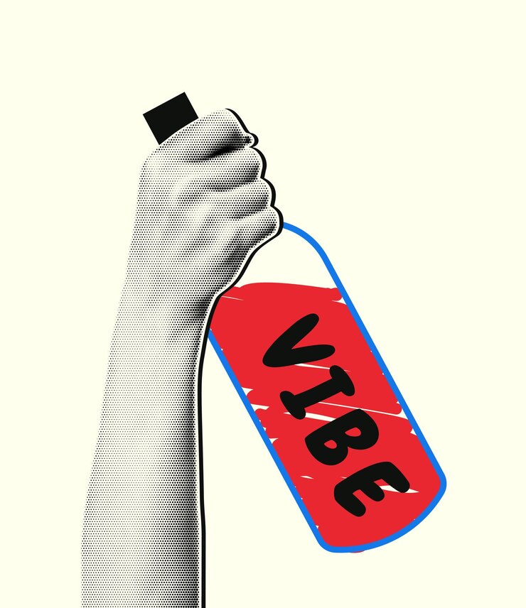 Vector woman hand with a halftone effect holds a bottle of wine in a doodle style vector illustration
