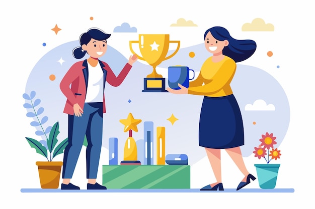 A woman handing a trophy to another woman in a simple and minimalist setting a woman gets a trophy prize Simple and minimalist flat Vector Illustration