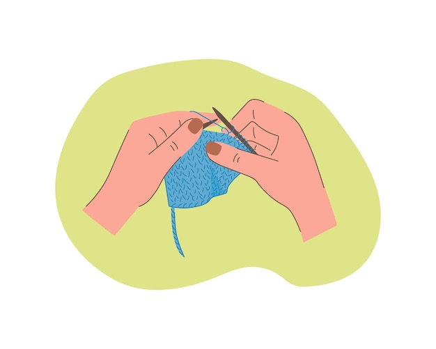 Vector woman hands are knitting with knitting needles knitting process top view on hands holding needles