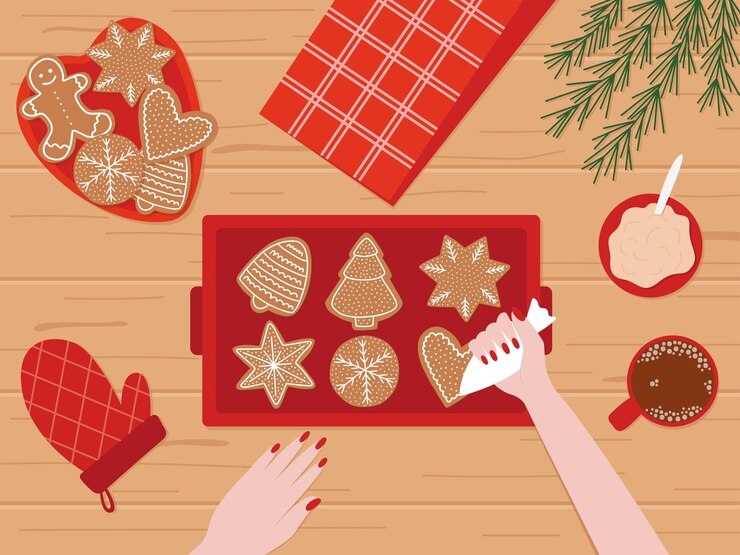Vector woman hands decorating gingerbread cookies with sugar glaze flat vector illustration
