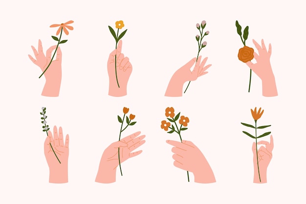 Vector woman hands in different gestures holding bouquets or bunches of blooming flowers flat