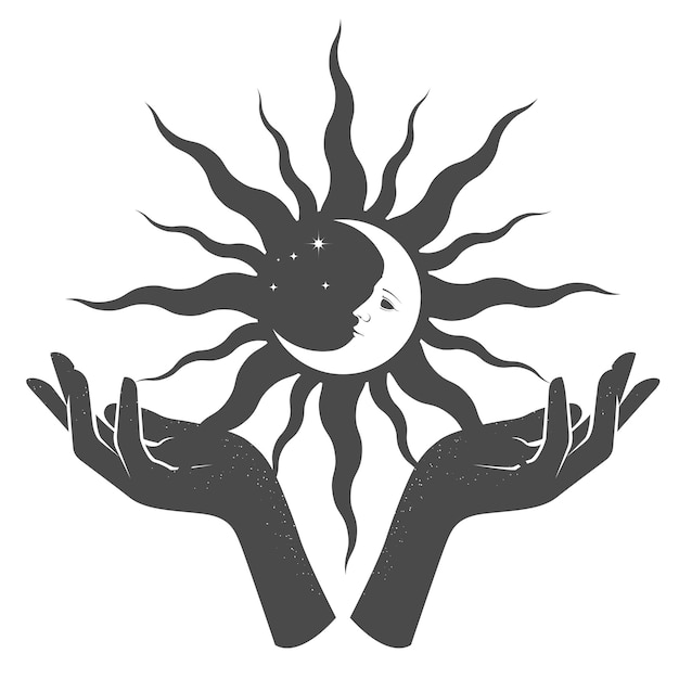 Vettore le mani della donna tengono il sole nero con la luna dentro sulle palme occultismo e misticismo incantesimi magici
