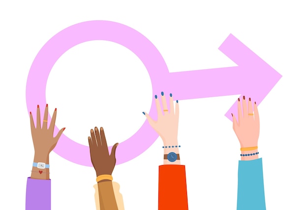 Женские руки держат женский символ концептуальной векторной иллюстрации плоский женский персонаж в розовом гендерном знаке феминистской группы активисток, изолированной на белом